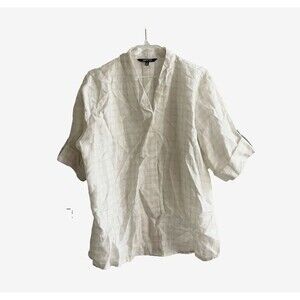 APNY Ivory 100% Linen Short Sleeve Top Check L Womens Old Money Classic Preppy